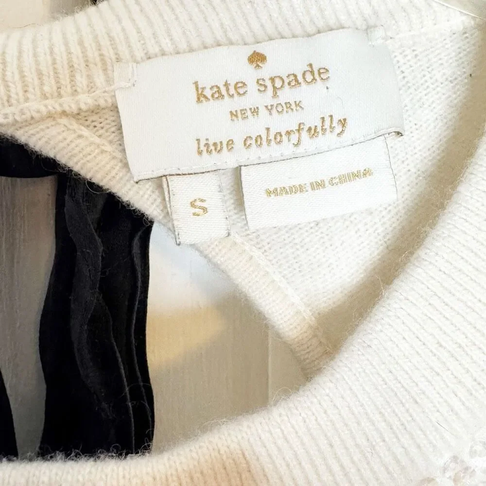 Kate Spade New York Ivory Sequin Front Sweater Keyhole Back Black Satin Bow Sz S